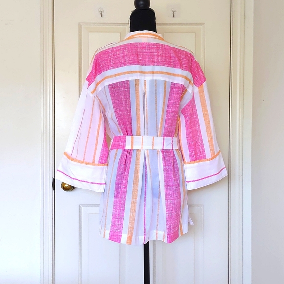 NWOT. H&M Multi Color Stripes Loose Fit Top with long wide sleeve and front tie. - Picture 2 of 4